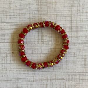 Women’s Red Beaded Stretch Bracelet AB Crystal Finish Gold Tone Accents
